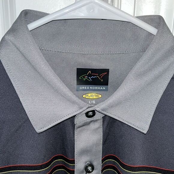 New Greg Norman Play Dry LS Shark Gray Black Stripe Polo Golf Shirt Men’s L NWT - Picture 3 of 6